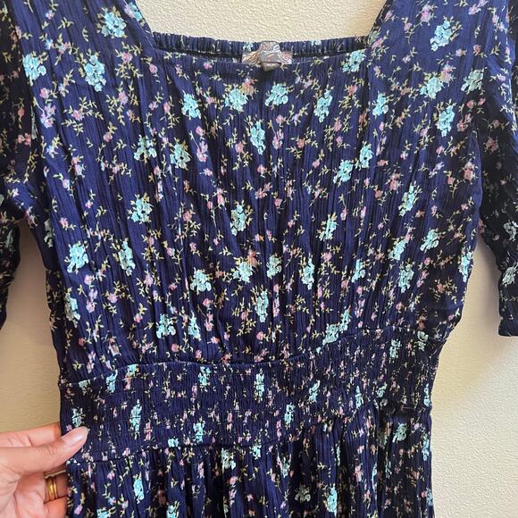J GEE Blue Floral Smocked Tiered Midi Dress Puff Sleeve Square Neck Women's S - Picture 5 of 7